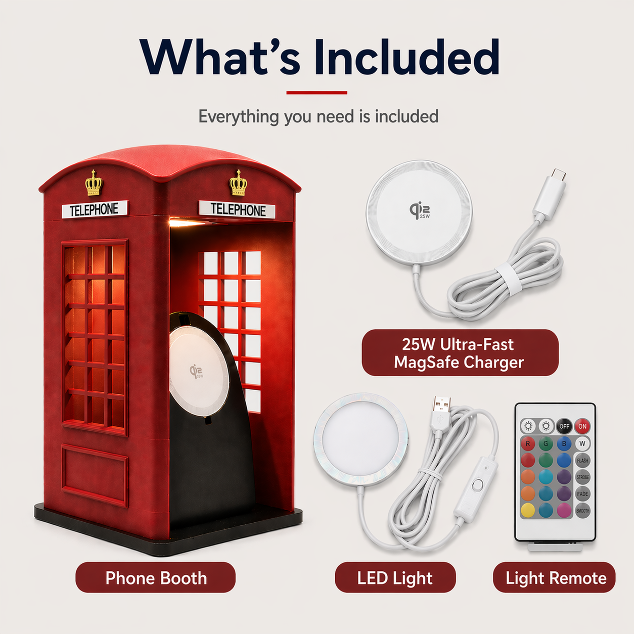 Vintage phone booth MagSafe stand with iPhone docked in StandBy mode and LED glow – Form and Fix
