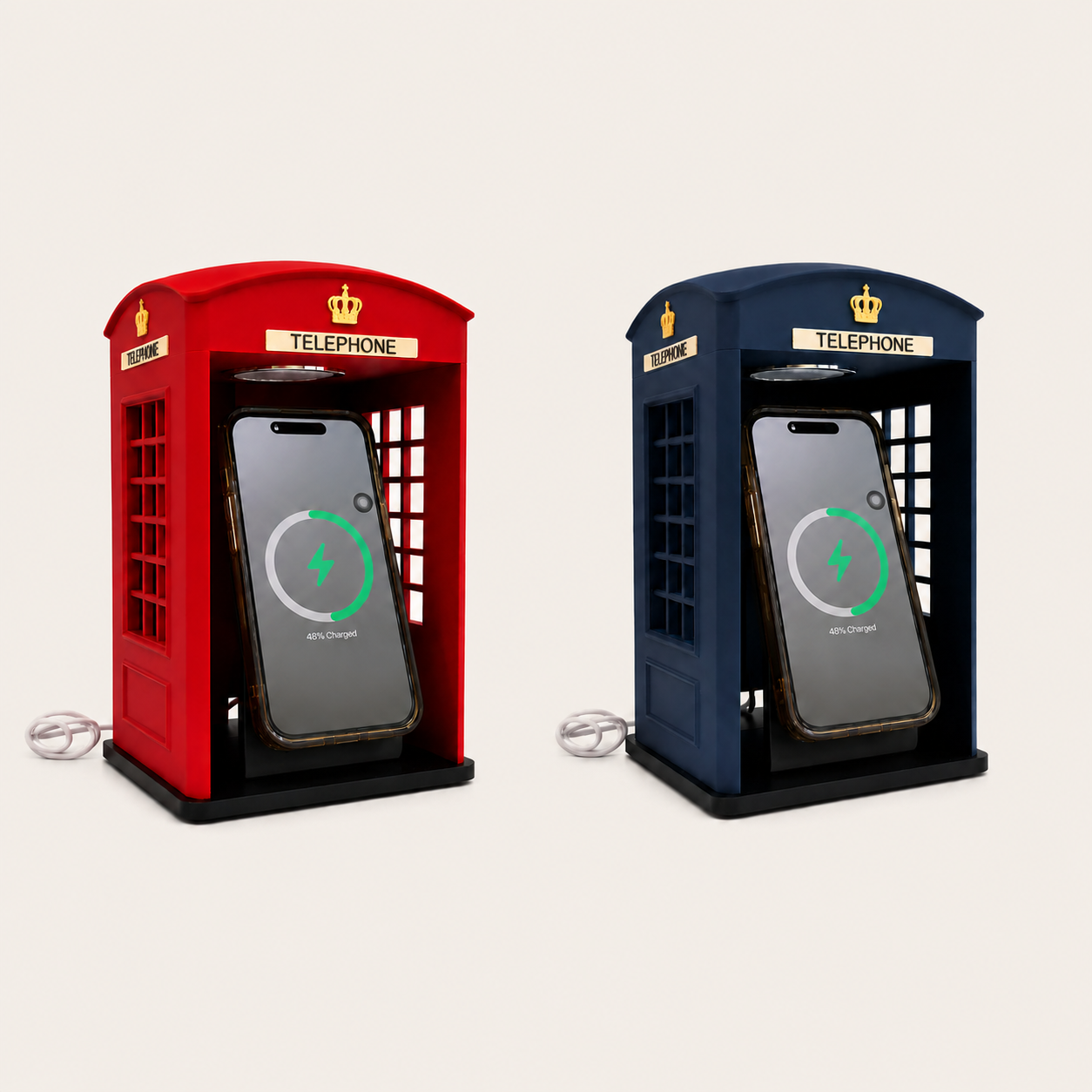 Phone booth charger size comparison showing 8.5 inch height retro London booth design – Form and Fix