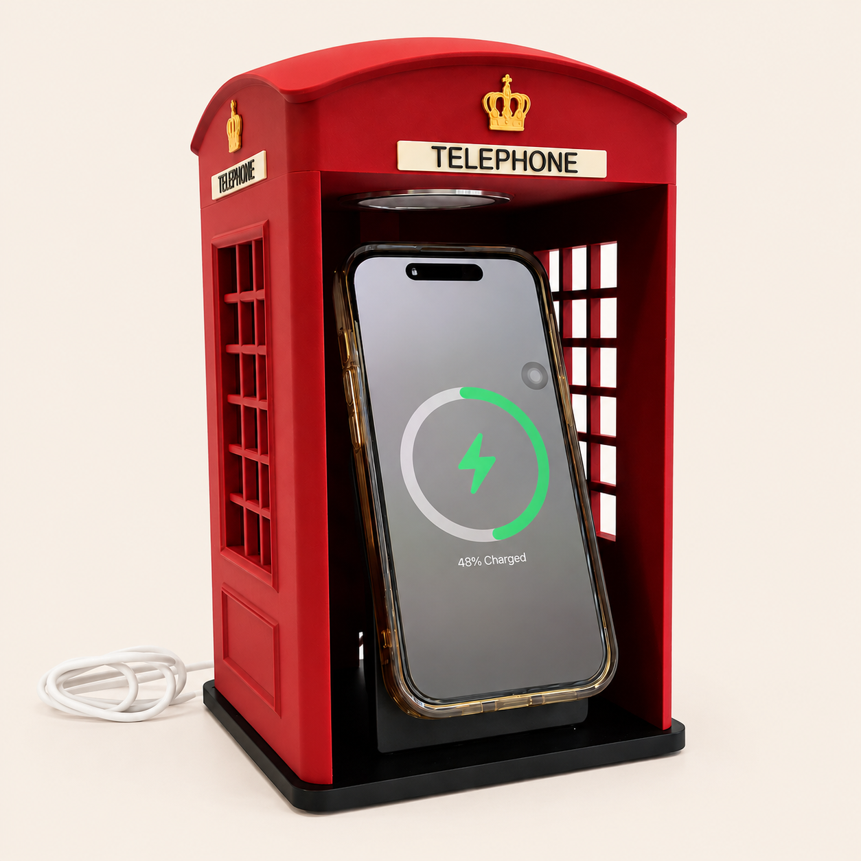 What's in the box: vintage phone booth dock, 25W MagSafe charger, LED module and remote control – Form and Fix