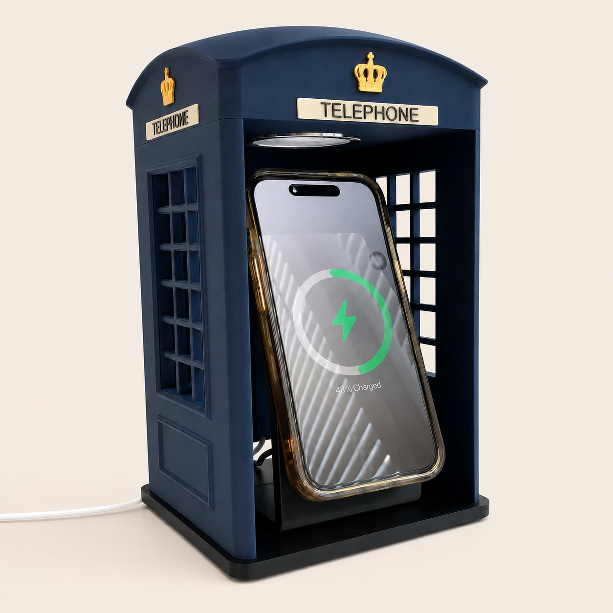 Midnight Navy vintage phone booth MagSafe charger with RGB LED light on a modern desk setup – Form and Fix