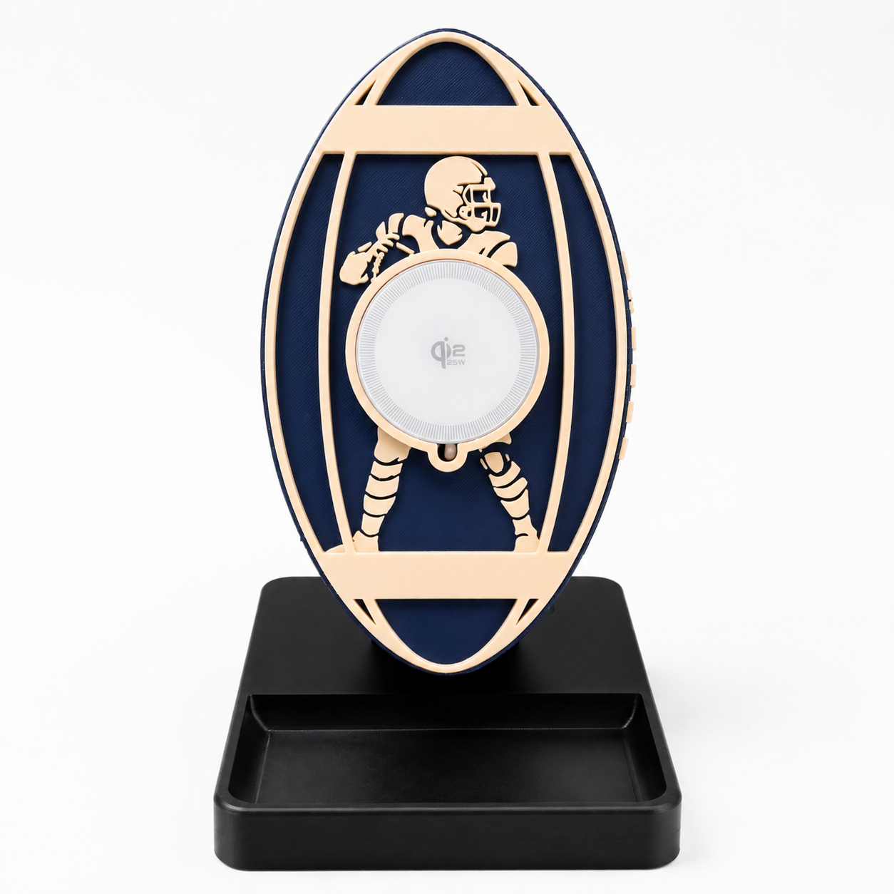 Football Wireless Charger Stand in Midnight Navy and Burgundy Red with lace detailing and player silhouette cutout, 25W Qi2 MagSafe charging, made in USA from plant-based PLA