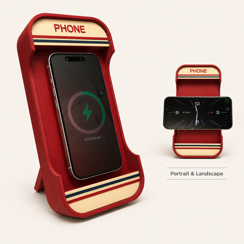 Vintage payphone MagSafe dock for iPhone in Midnight Navy with cream accent panels – Form and Fix