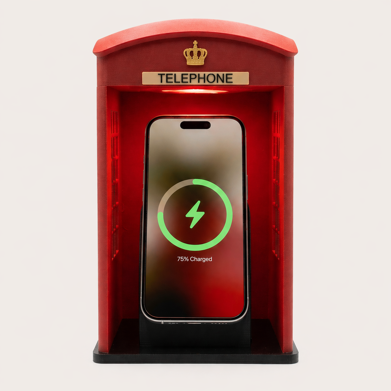 Phone booth MagSafe iPhone charging dock with color-changing LED light glowing on a nightstand – Form and Fix