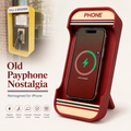 Retro payphone MagSafe iPhone charging stand in Burgundy Red on a modern desk – Form and Fix