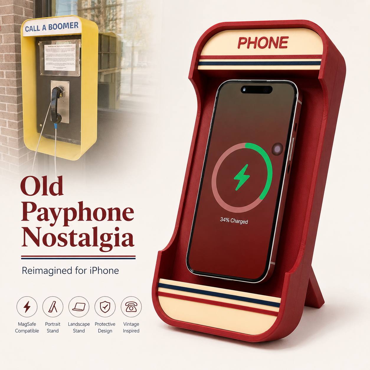 Retro payphone MagSafe iPhone charging stand in Burgundy Red on a modern desk – Form and Fix