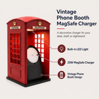 iPhone charging in vintage red phone booth dock with remote-controlled RGB LED light – Form and Fix