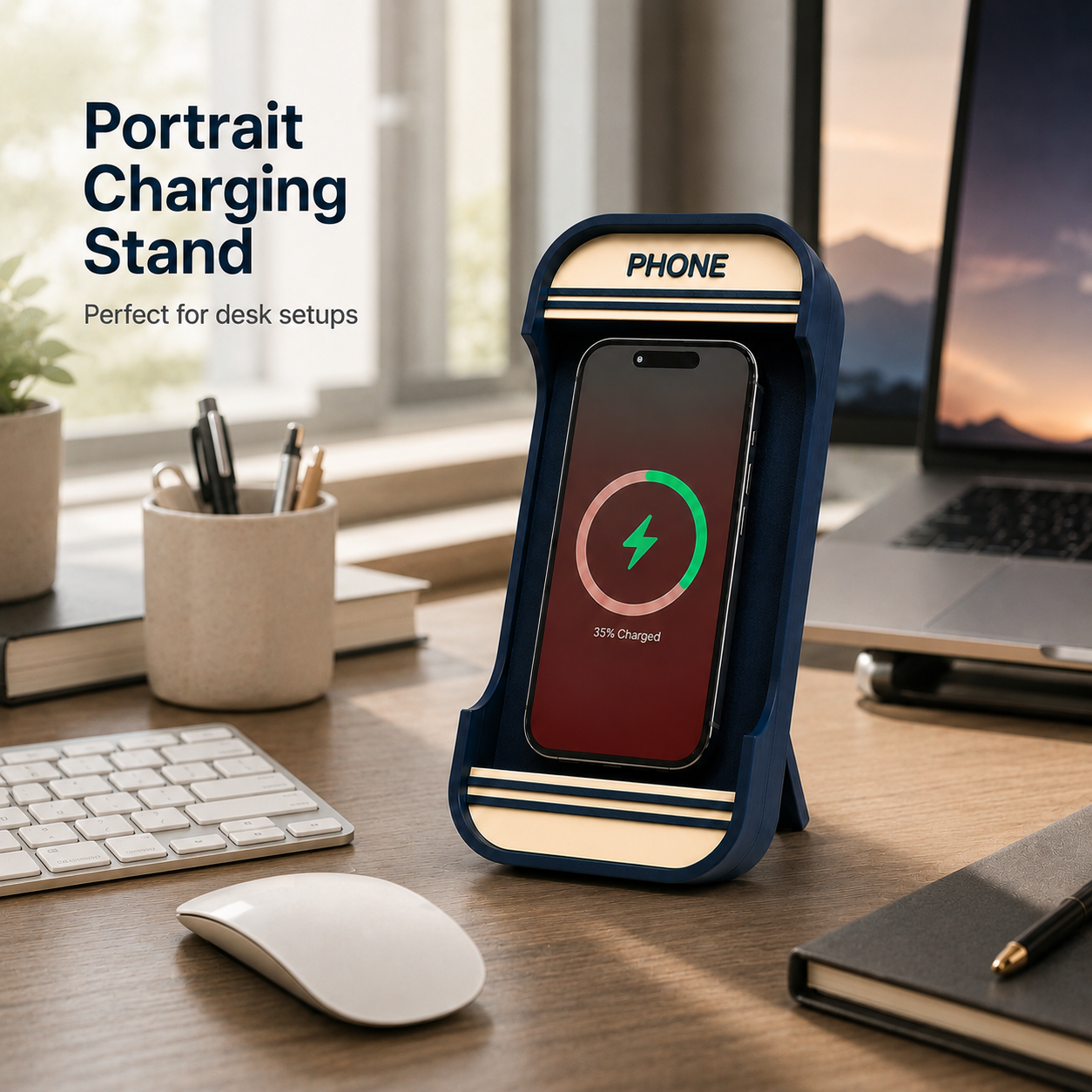 Retro payphone iPhone charger stand showing portrait mode with iPhone docked and charging – Form and Fix