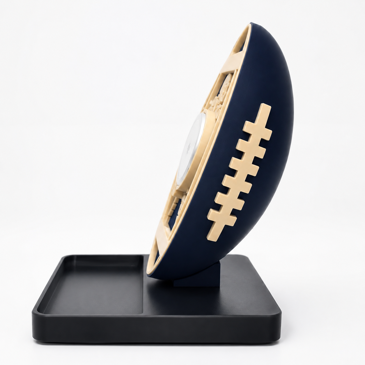 Football lace detailing and player silhouette cutout design on the Football Wireless Charger Stand, 25W Qi2 MagSafe charging
