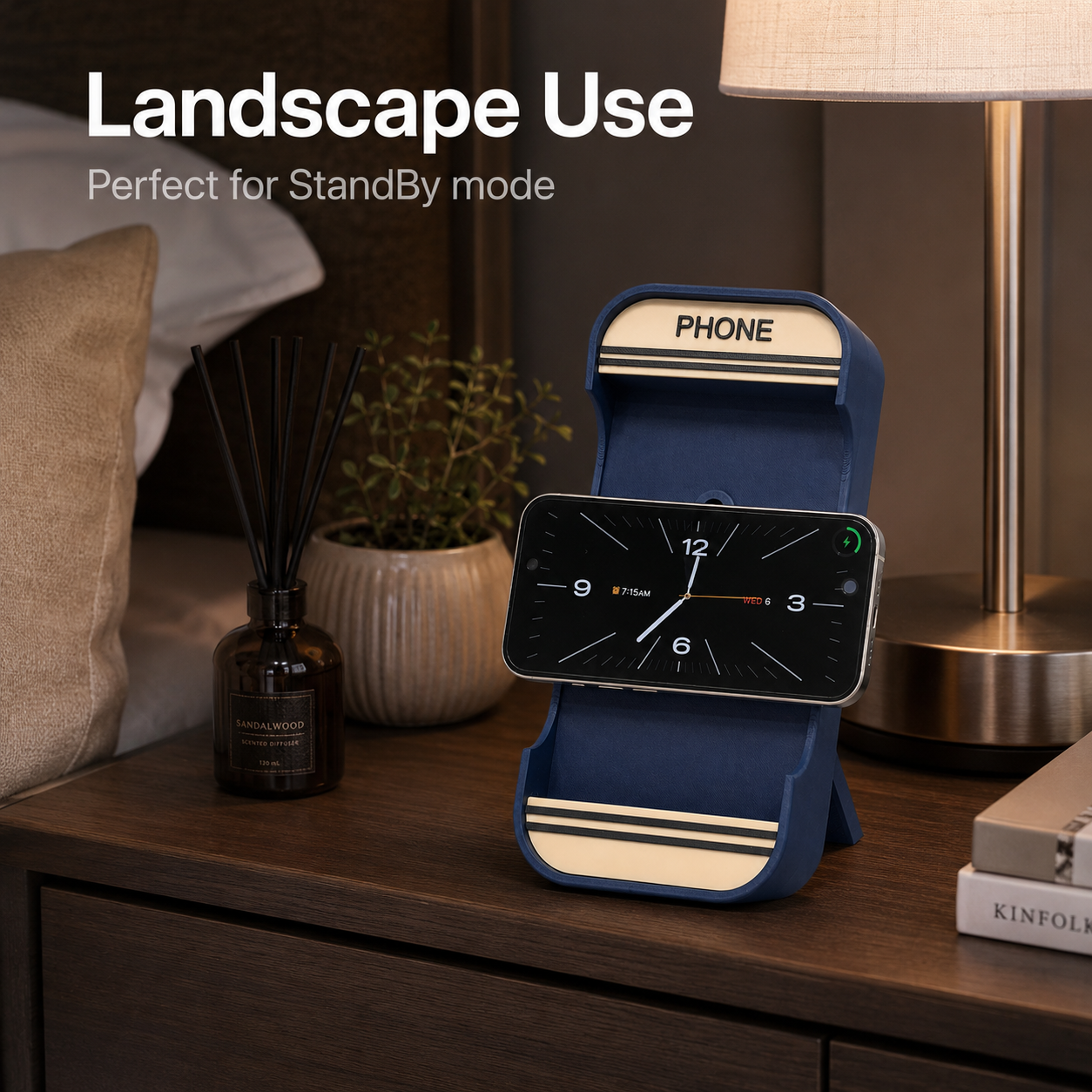 Payphone MagSafe charging stand in landscape mode for iPhone StandBy on a nightstand – Form and Fix