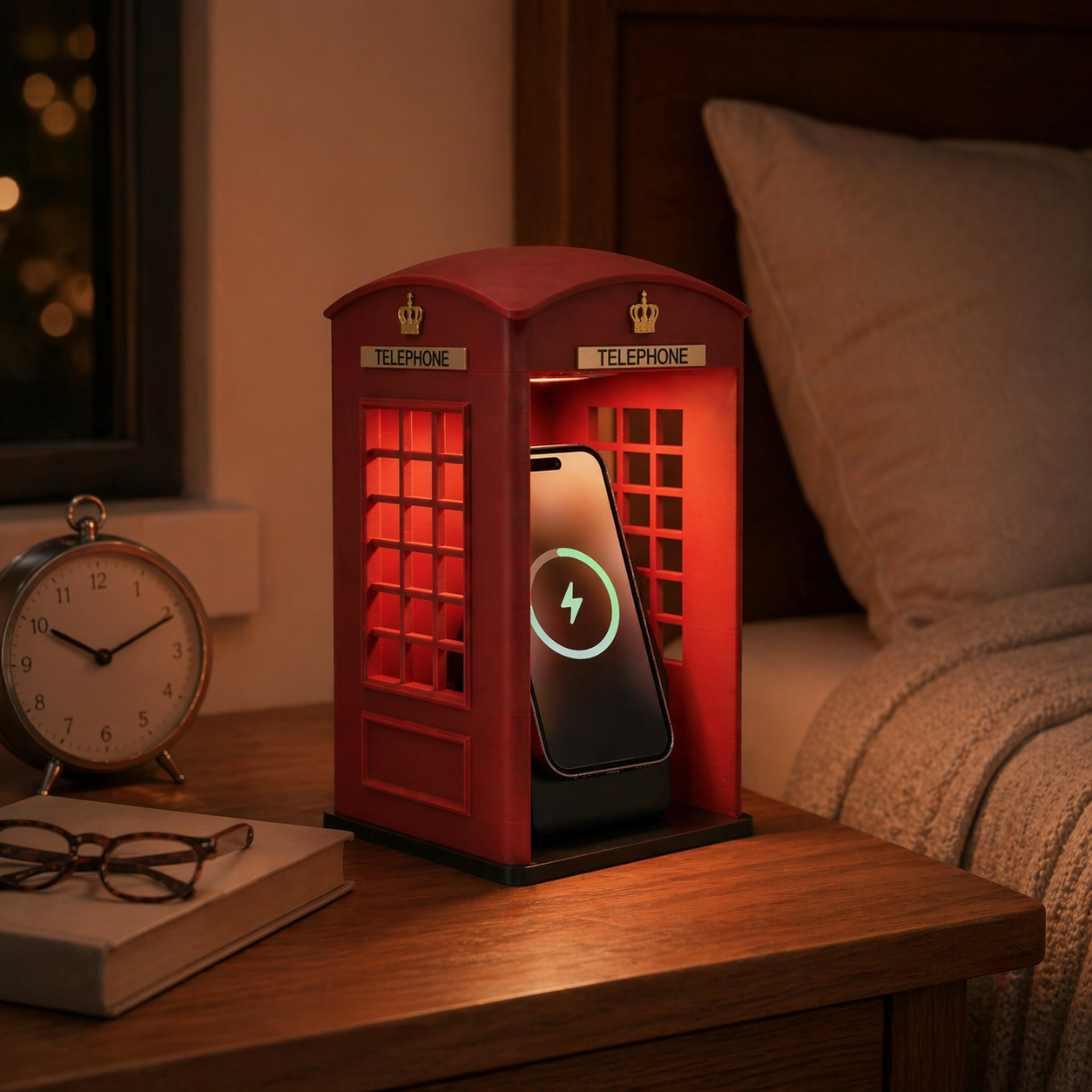 Close-up of retro phone booth MagSafe charging stand with hidden cable routing and 25W fast charge – Form and Fix