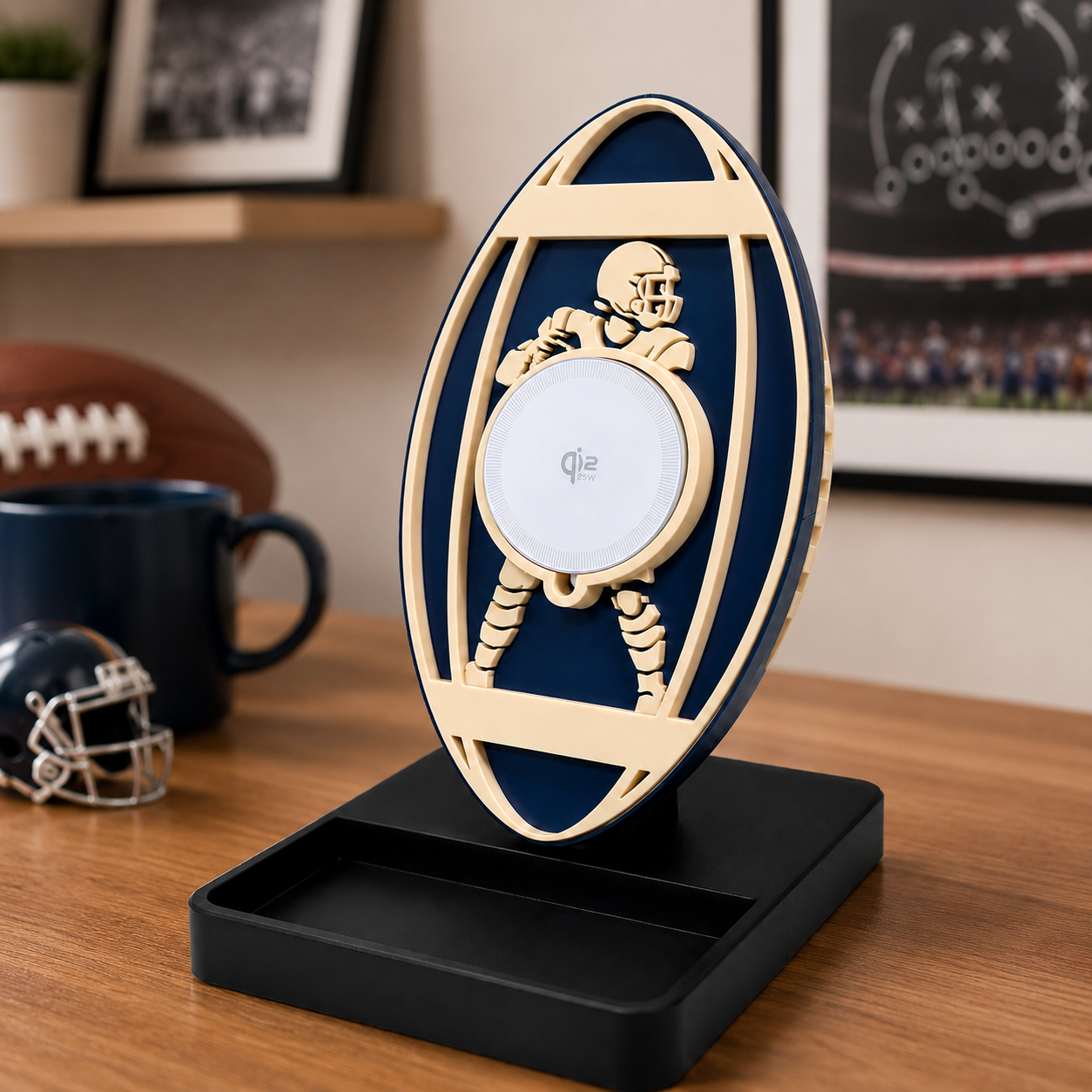 iPhone charging on Football Wireless Charger Stand at 25W Qi2 MagSafe speed, stable angled stand for easy viewing on desk