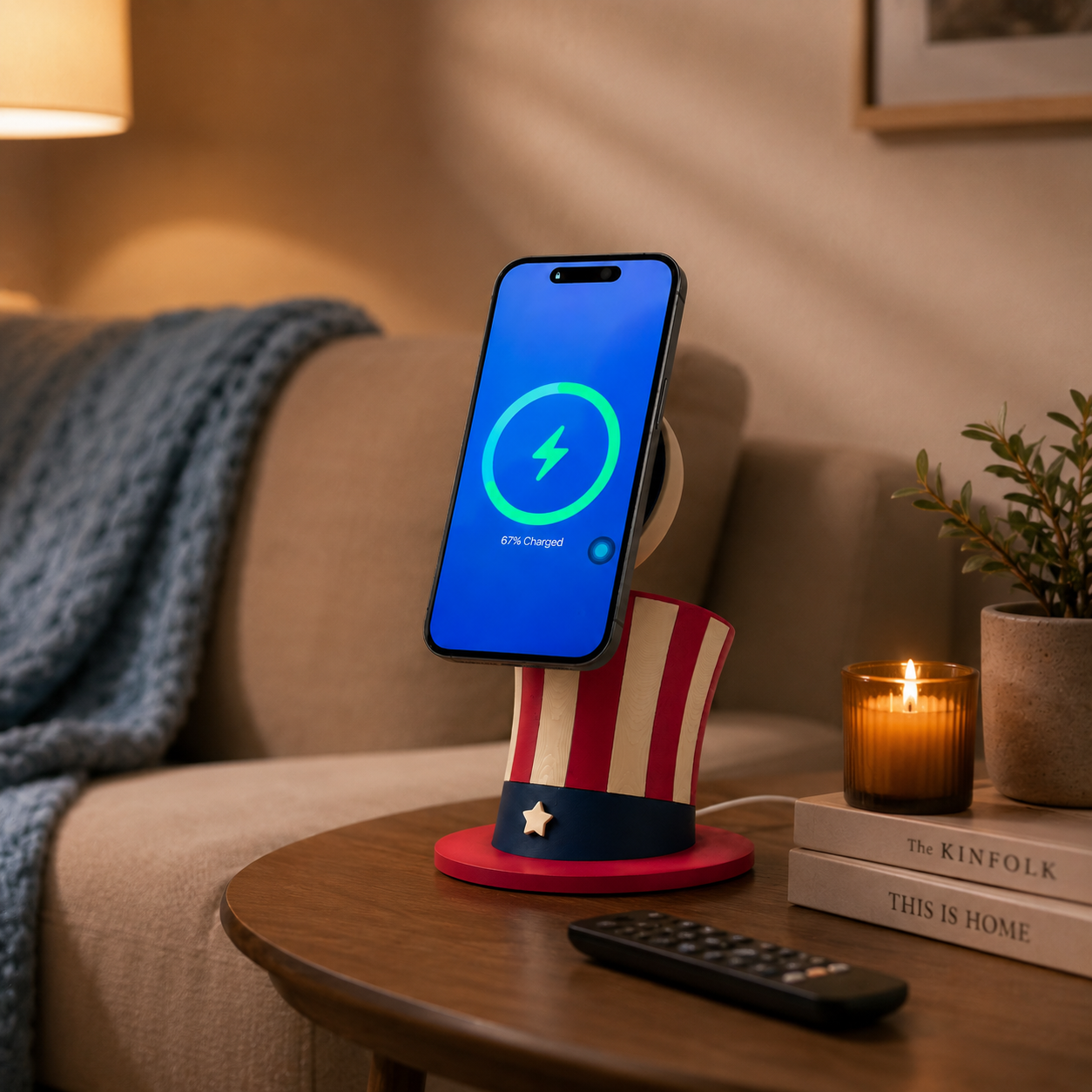 Wireless Charger Gift for Him, Patriotic Gift for Dad, Uncle Sam Hat Decor, Fathers Day Gift, Phone Charger Stand, Patriotic Gifts for Men