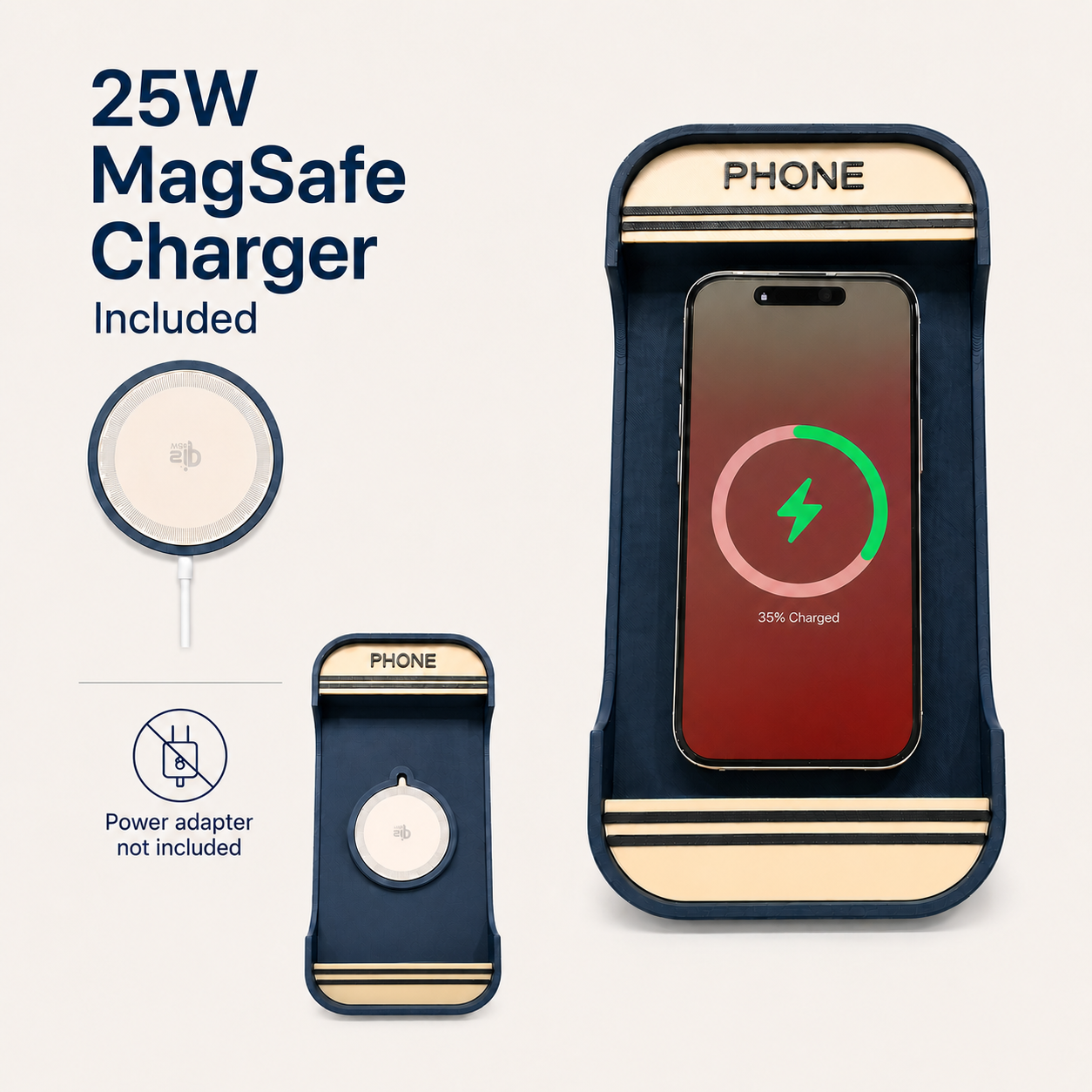 Close-up of retro payphone iPhone dock showing cream accent panels and bold vintage design – Form and Fix