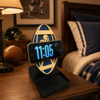 Football Wireless Charger Stand on desk with keys, wallet, and AirPods in tray, Midnight Navy colorway, made in USA