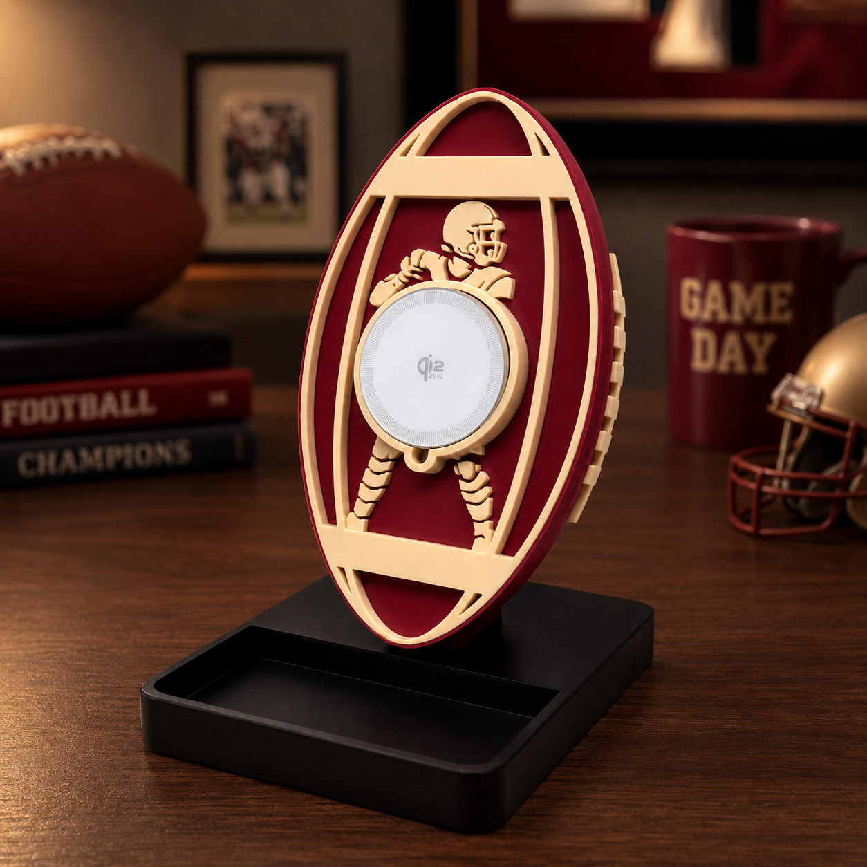 Football Wireless Charger Stand in Burgundy Red, 25W Qi2 MagSafe charging stand, 3D printed in USA from plant-based PLA