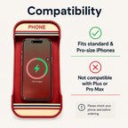 Payphone charger stand for iPhone showing compatibility with standard and Pro size models – Form and Fix
