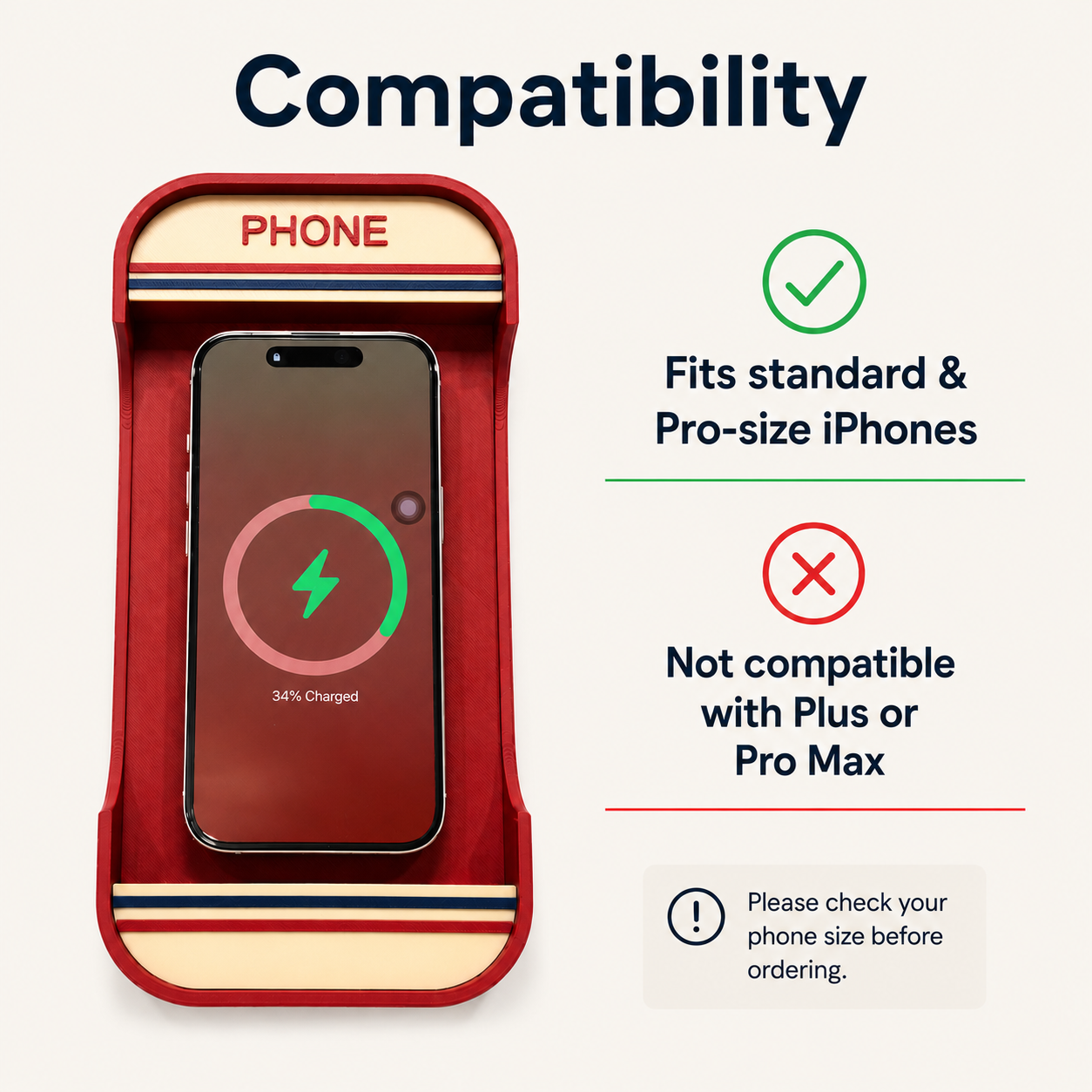 Payphone charger stand for iPhone showing compatibility with standard and Pro size models – Form and Fix