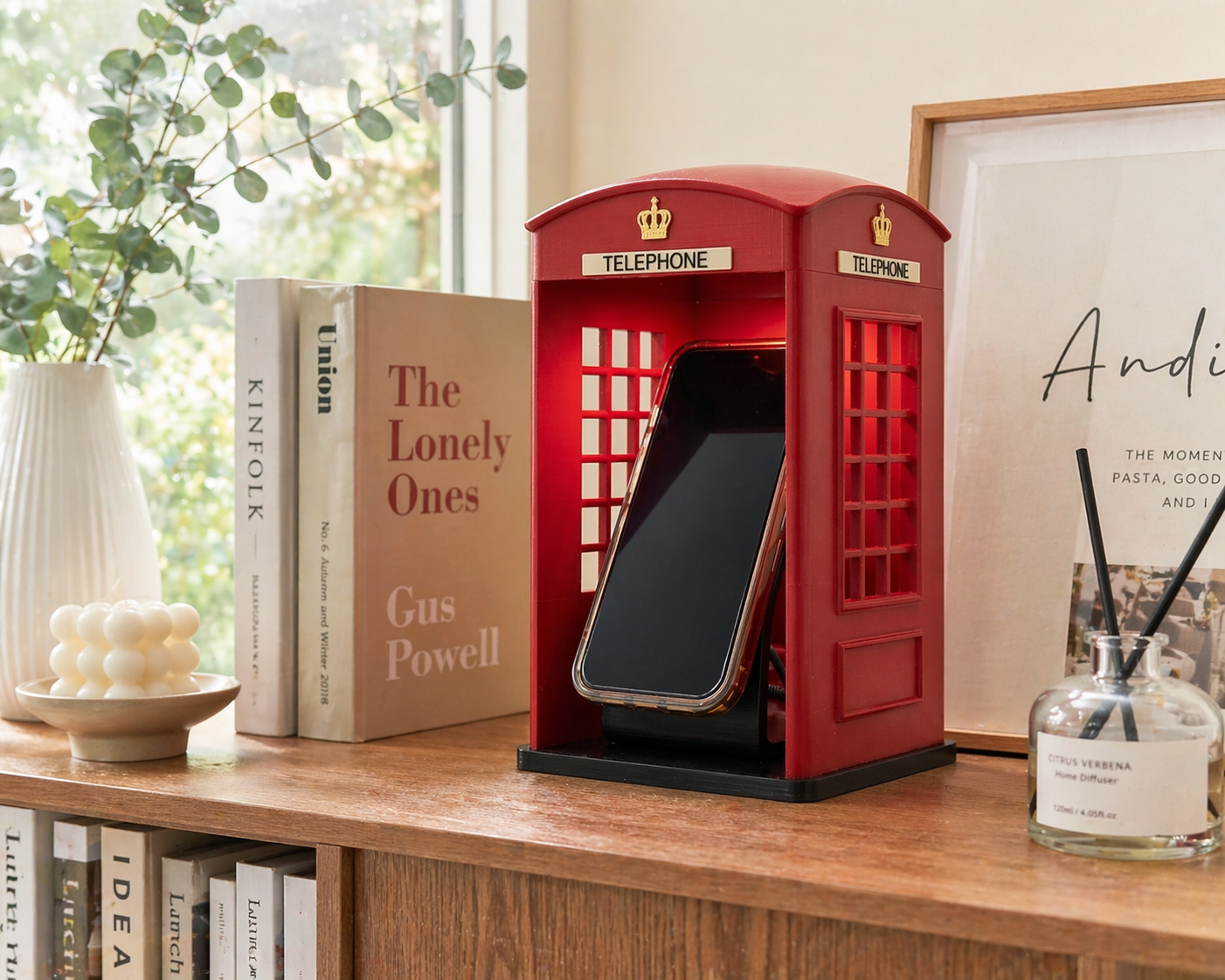 Vintage phone booth charger stand for iPhone in Burgundy Red showing 25W MagSafe charging in use – Form and Fix