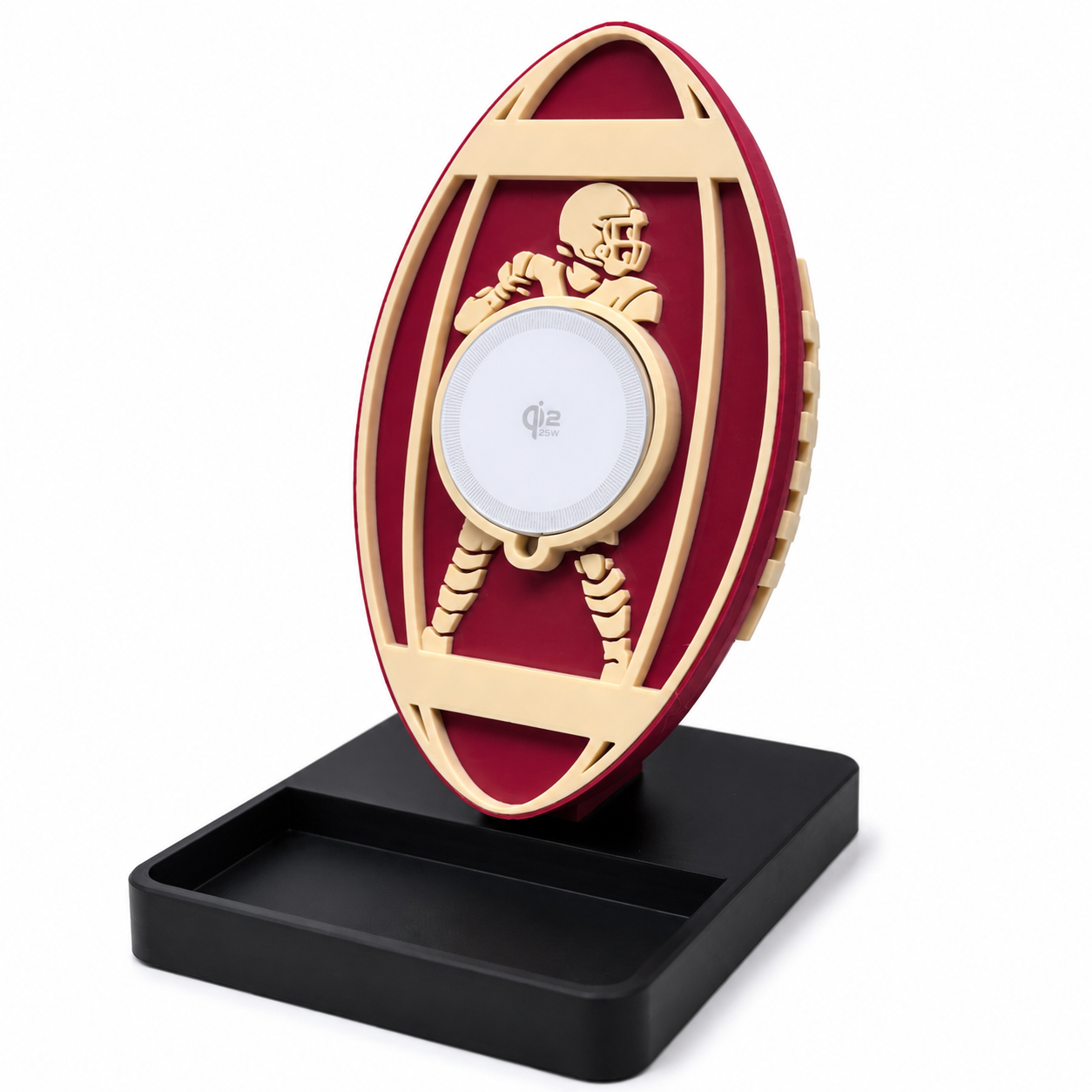 Football Wireless Charger Stand on a desk in a football fan setup, Midnight Navy and Burgundy Red colorways, made in USA