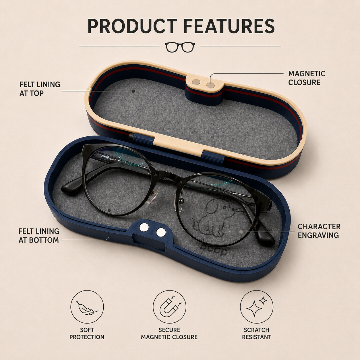 Cute Character Glasses Case | Hard Shell Magnetic Eyeglass Holder, Eco-Friendly, Felt Lined, Funny Gift