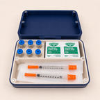 Open peptide vial case showing 6-vial compartment and syringe holder
