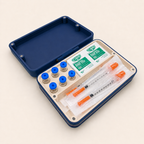 Peptide storage case open flat with vials, syringes, and alcohol wipes organized
