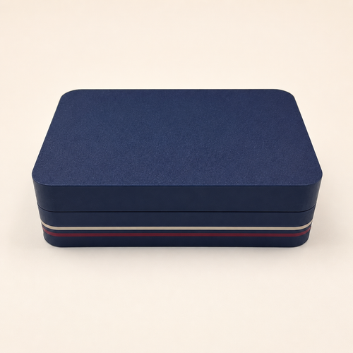 Closed navy clamshell peptide vial storage case with red and white stripe trim