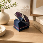 Simple Eyeglass Holder Stand with sunglasses — modern trapezoid matte navy desk organizer for eyewear