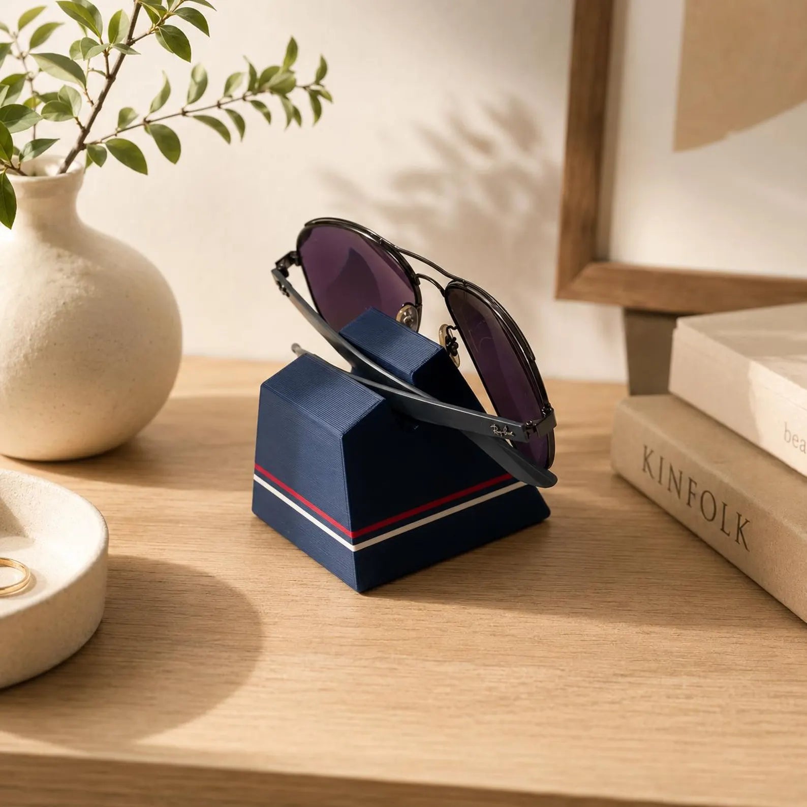 Simple Eyeglass Holder Stand with sunglasses — modern trapezoid matte navy desk organizer for eyewear