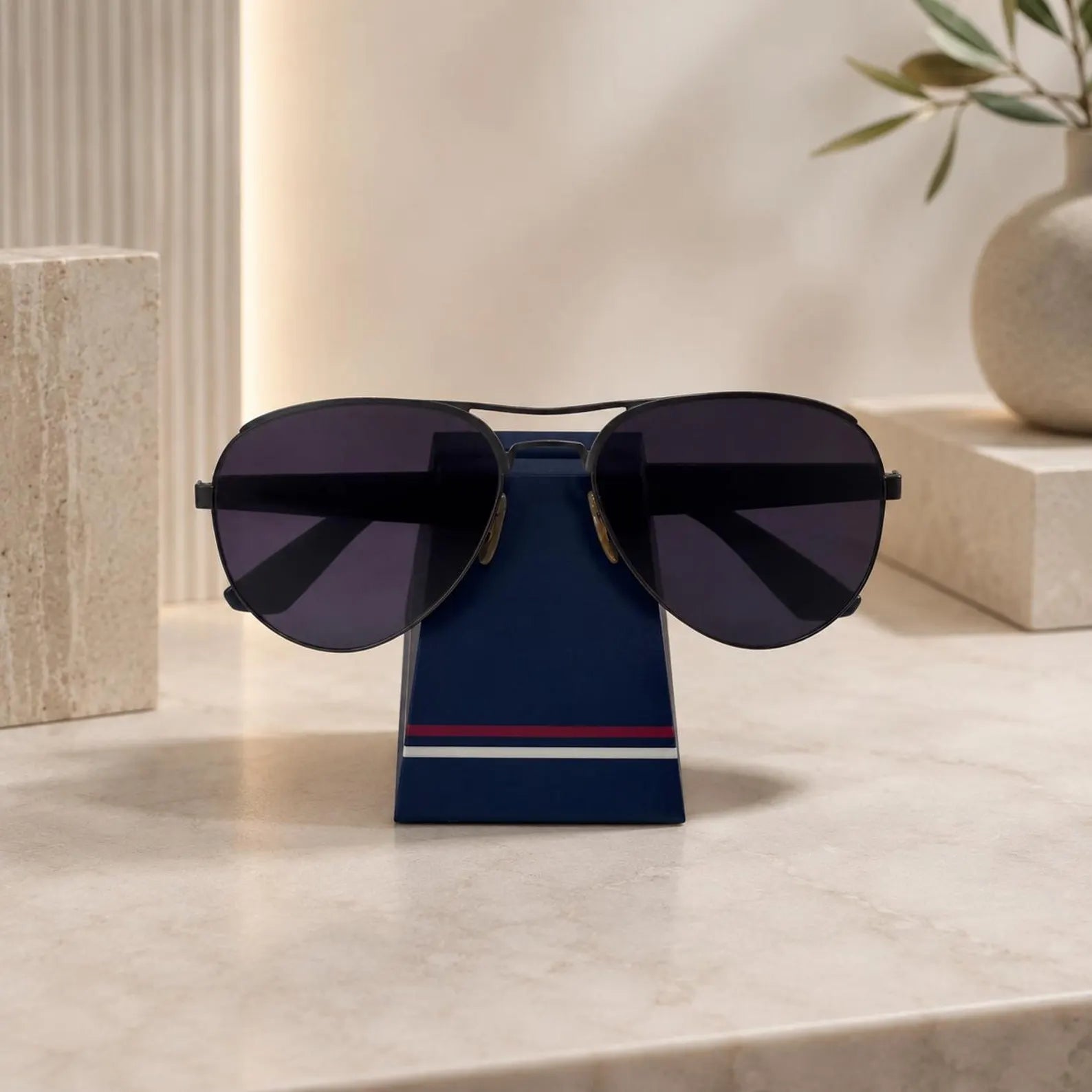 Simple Eyeglass Holder Stand side view — sculptural desk stand holding glasses by the bridge