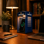 Vintage phone booth MagSafe charger in Midnight Navy with LED night light on a desk – Form and Fix