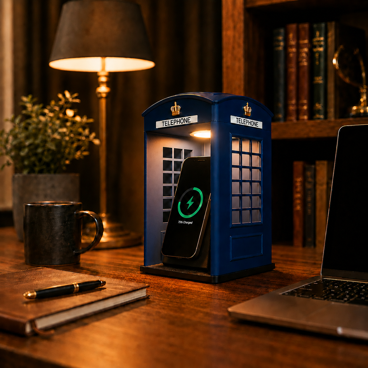 Vintage phone booth MagSafe charger in Midnight Navy with LED night light on a desk – Form and Fix